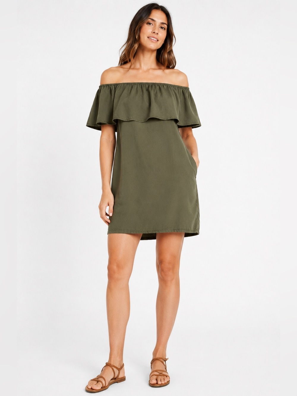 Sanctuary Stella Off Shoulder Mini Dress XS Olive Boho Festival Resortwear NWT